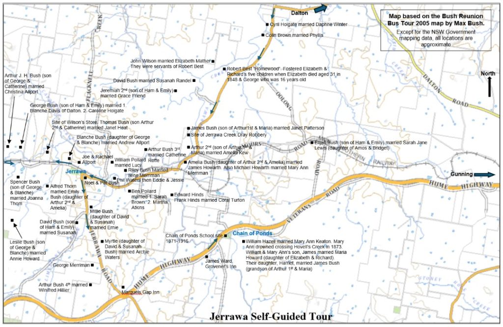 Map of 2025 Bush Family Reunion Jerrawa Self-Guided Tour route